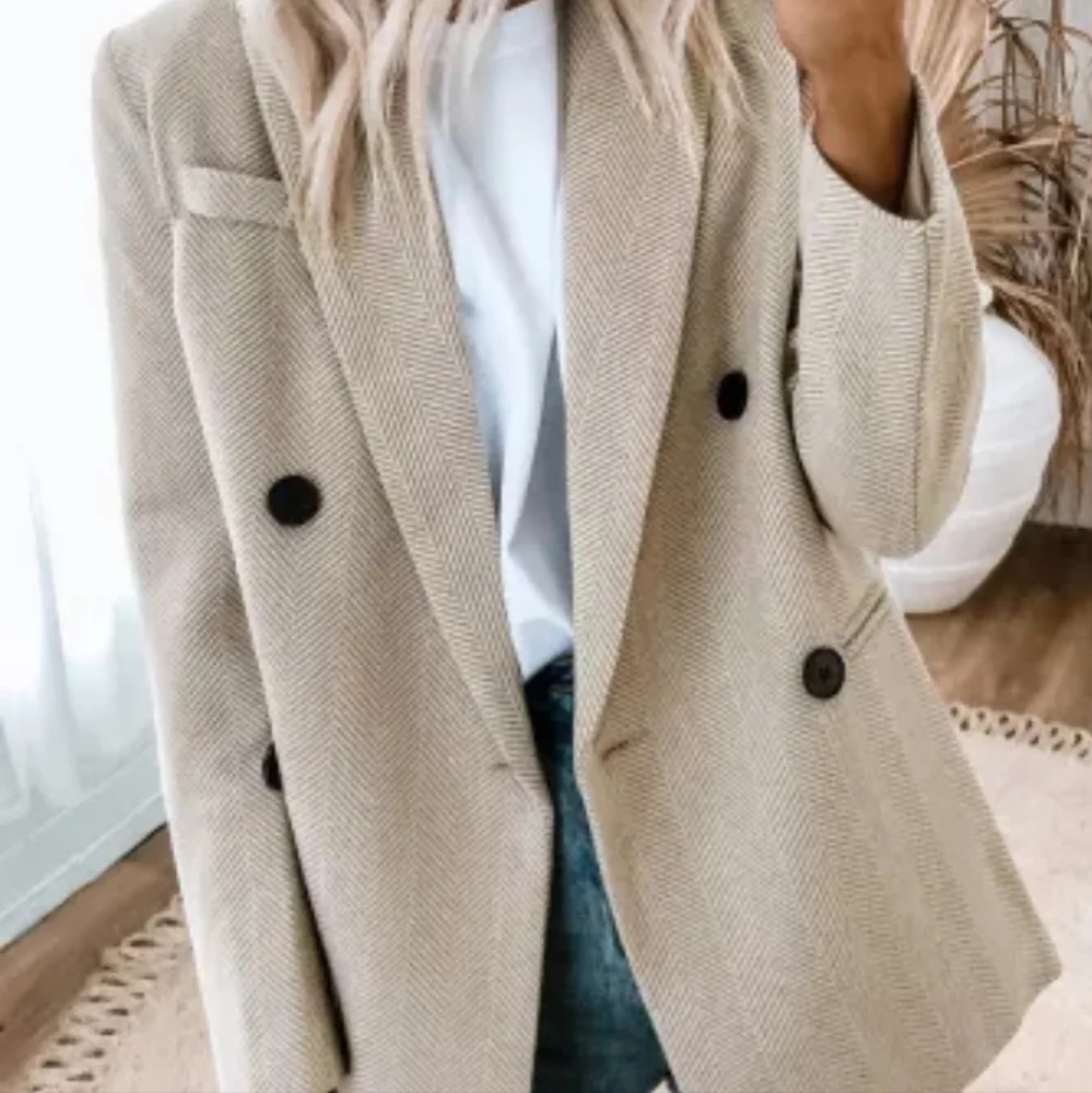 🙂New Chevron Ribbed Double Breasted Lapel Collar Blazer - Picture 3 of 16